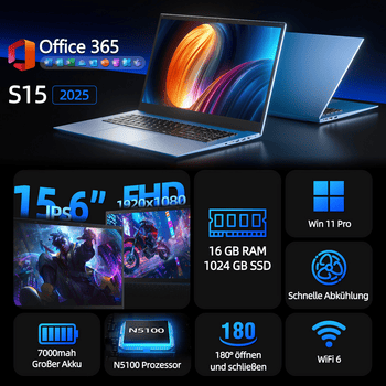 MENGHU 15,6" FHD 180° Business Laptop 16GB RAM 1TB SSD WiFi 6 Windows 11 PRO Notebook