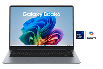 Laptop Samsung Galaxy Book6 com tela colorida e design moderno.