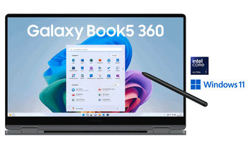Imagem de um portátil Galaxy Book5 360 com caneta stylus ao lado.