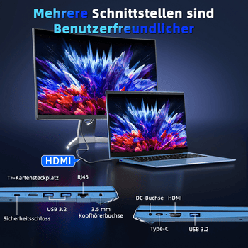 Imagem de um monitor e um laptop Haus Mobil 24 ® com telas vibrantes e tecnologia moderna.