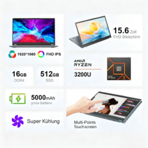 Rolipo 2 in 1 Convertible Laptop,15.6 Zoll ,AMD Ryzen 3 3200U Business-Notebook