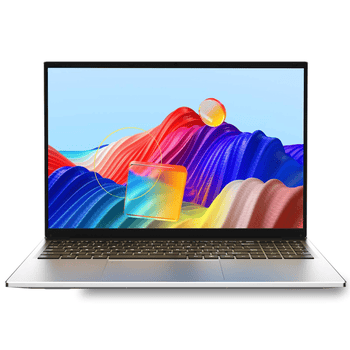 Laptop com tela vibrante exibindo ondas de cores vermelha, azul, amarela e roxa, destacando o design.