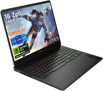 Laptop gaming Omen AI com tela de 16" e gráficos NVIDIA GeForce RTX.