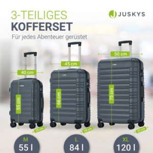 Juskys Trolleyset Rom, 4 Rollen, , 3 Koffer, 360° Rollen, robuste Hartschale, mit Zahlenschloss