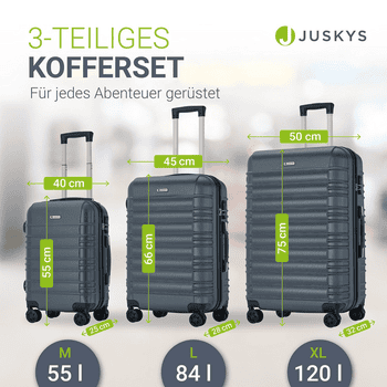 Juskys Trolleyset Rom, 4 Rollen, , 3 Koffer, 360° Rollen, robuste Hartschale, mit Zahlenschloss