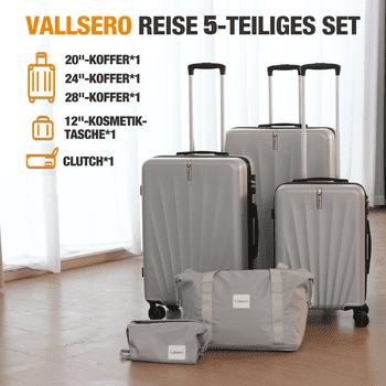 VALLSERO Trolleyset M-L-XL-Set, Gepäck mit Kosmetiktasche, Hartschalen-Koffer, 5-teiliges Set, hochfestes ABS-Gehäuse, 360° geräuschloses Rad