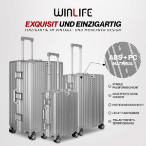 WINLIFE Trolley WINLIFE®Größe M, L, XL Reisekoffer Alu-Rahmen ABS & TSA Schloss Silber, 4 Doppelrollen Rollen, Stoßfest, TSA-Schloss, 360°-Doppelrollen, Leicht