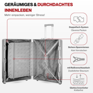 WINLIFE Trolley Hartschalen-Koffer Alu-Rahmen Silber Trolley M, L, XL + Nackenkissen, 4 Doppelrollen Rollen, ABS+PC-Hartschale, TSA-Zahlenschloss, 360°-Doppelrollen