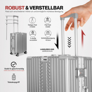 WINLIFE Trolley Hartschalen-Koffer Alu-Rahmen Silber Trolley M, L, XL + Nackenkissen, 4 Doppelrollen Rollen, ABS+PC-Hartschale, TSA-Zahlenschloss, 360°-Doppelrollen
