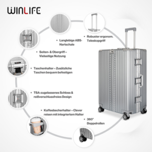 WINLIFE Trolley Hartschalen-Koffer Alu-Rahmen Silber Trolley M, L, XL + Nackenkissen, 4 Doppelrollen Rollen, ABS+PC-Hartschale, TSA-Zahlenschloss, 360°-Doppelrollen