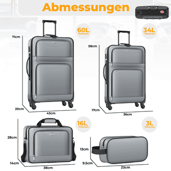 KESSER Kofferset, 4 Rollen, , mit 3-Ziffern-TSA-Schloss, 360° Rollen & Teleskopgriff