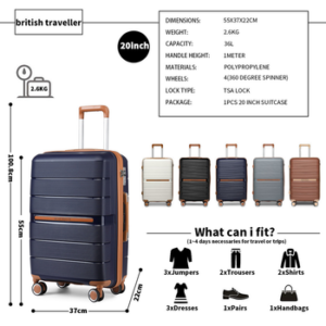 British Traveller Handgepäck-Trolley Reisekoffer Hartschalenkoffer aus 100% PP 8 Spinnerräder, TSA-Schloss