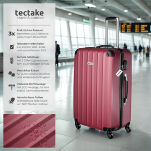 tectake Trolley Hartschalenkofferset mit Teleskopgriff und Sicherheits-Zahlenschloss, 4 Rollen, 360° drehbare, abnehmbare Rollen, weinrot