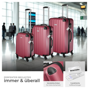 tectake Trolley Hartschalenkofferset mit Teleskopgriff und Sicherheits-Zahlenschloss, 4 Rollen, 360° drehbare, abnehmbare Rollen, weinrot