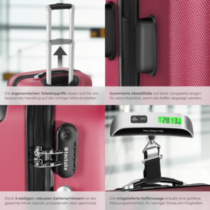 tectake Trolley Hartschalenkofferset mit Teleskopgriff und Sicherheits-Zahlenschloss, 4 Rollen, 360° drehbare, abnehmbare Rollen, weinrot
