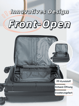 Super Solu Hartschalen-Trolley Erweiterbarer Hartschalenkoffer, Frontöffnung Reisekoffer aus PP, 4 Rollen, 360° Doppelrollen, M/20 Zoll, Schwarz, TSA-Zahlenschloss, Polypropylen
