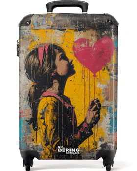 NoBoringSuitcases.com© Hartschalen-Trolley Mädchen mit herzförmigem Luftballon im Graffiti-Stil 55x35x20cm, 4 Rollen, Reisetasche mit Rollen, Koffer Handgepäck Flugzeug