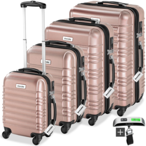 tectake Trolley Hartschalenkoffer-Set, 4 Rollen, 4-teilig aus robustem ABS-Kunststoff inkl. Kofferwaage und -anhänger