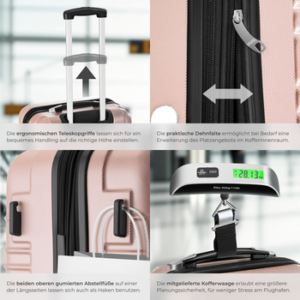 tectake Trolley Hartschalenkoffer-Set, 4 Rollen, 4-teilig aus robustem ABS-Kunststoff inkl. Kofferwaage und -anhänger