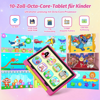 BUFO 10 Zoll 20GB RAM+64GB ROM 1280x800 HD-Display Android15 Kinder Tablet