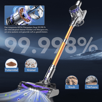 VacniQ Akku-Hand-und Stielstaubsauger Akku Staubsauger Kabellos 68Kpa 55min Laufzeit, 65dB,für Tierhaare, 300 W, beutellos, 6-fach Hochleistungsfilter, Zubehör inklusive