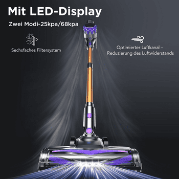 VacniQ Akku-Hand-und Stielstaubsauger Akku Staubsauger Kabellos 68Kpa 55min Laufzeit, 65dB,für Tierhaare, 300 W, beutellos, 6-fach Hochleistungsfilter, Zubehör inklusive