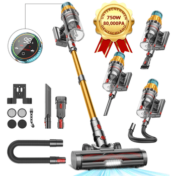 FOSMET Akku-Hand-und Stielstaubsauger Akku Staubsauger 80000Pa 750W 80min, 2,6L Staubbehälter, OLED Display, 750 W, 2.6L, Kabelloser Stabstaubsauger mit 11-Stufen-Filter, 50dB leise, für Böden