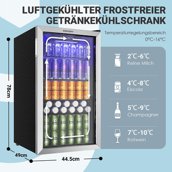 EUHOMY Getränkekühlschrank 90L Mini-Kühlschrank für 126 Dosen mit verstellbaren Ablage Getränkekühlschrank, 79.5 cm hoch, 47.5 cm breit, für Limonade, Bier oder Wein, für Zuhause, Bar und Büro