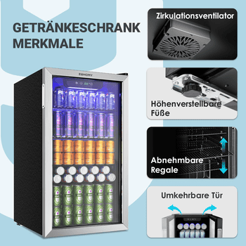 EUHOMY Getränkekühlschrank 90L Mini-Kühlschrank für 126 Dosen mit verstellbaren Ablage Getränkekühlschrank, 79.5 cm hoch, 47.5 cm breit, für Limonade, Bier oder Wein, für Zuhause, Bar und Büro