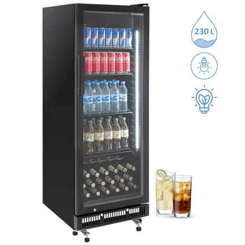 GastroHero Getränkekühlschrank GKS-230 Flaschenkühlschrank, Glastür & LED, abschließbar schwarz, 146.7 cm hoch, 53 cm breit, doppelverglaster Isolierglastür, Temperaturbereich: 0 °C bis +8 °