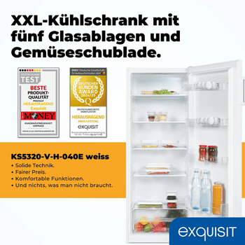 exquisit Vollraumkühlschrank KS5320-V-H-040E, 142.6 cm hoch, 54.4 cm breit, 242 Liter, 5 Glasablagen, 4Türablagen, 40 db, Türanschlag wechselbar