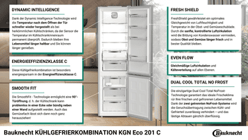 BAUKNECHT Kühl-/Gefrierkombination KGN Eco 201 C, 203,5 cm hoch, 59,5 cm breit, Kein Abtauen und ideales Frischeklima dank Dual Cool Total NoFrost