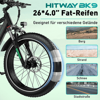 HITWAY E-Bike Mountainbike 26*4,0 Zoll Elektrofahrrad EMTB mit 48V15Ah Samsung Akku, 7 Gang shimano shimano Schaltwerk, Kettenschaltung, 250W Heckmotor, 720 Wh, Pedelec mit 2 Stoßdämpfer, APP Funktion E-Mountainbike für Erwachsene