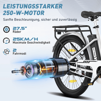HITWAY E-Bike Cityrad 27,5 Zoll Elektrofahrrad für Damen Herren, Pedelec mit 36V 13Ah Akku, 1 Gang, 250W Heckmotor, 468 Wh, E-fahrräde, E-Citybike mit Schloss, Pumpe, APP
