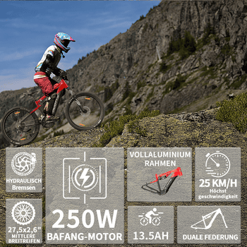 DUOTTS E-Bike Mountainbike E29 herren Elektrofahrrad 648WH 27.5 Zoll damen 48V 13.5AH 50Nm, 14 Gang Shimano Shimano Schaltwerk, Kettenschaltung, Heckmotor, 648 Wh, IPX4, max. Steigung 20–30°, max. Belastung 150 kg