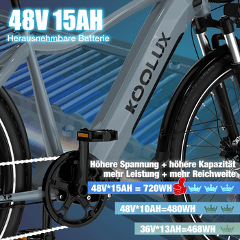 KOOLUX E-Bike Elektrofahrrad für Damen/Herren Reichweite 65-90 km elektro-cityrad, Heckmotor, 720 Wh, 27,5" Elektrofahrrad 7-Gang Shimano 48V15AH Herausnehmbare Batterie