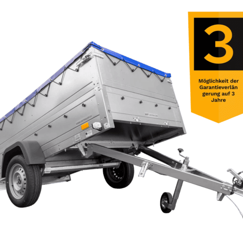 Anhänger mit faltbarer Deichsel Garden Trailer 230 KIPP mit zusätzlichen Bordwänden, Stützrad und blauer Flachplane-Neu – [LTG_SITE_NAME]