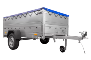 Anhänger mit faltbarer Deichsel Garden Trailer 230 KIPP mit zusätzlichen Bordwänden, Stützrad und blauer Flachplane-Neu – [LTG_SITE_NAME]