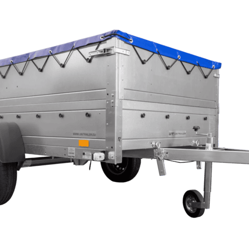 Anhänger mit faltbarer Deichsel Garden Trailer 230 KIPP mit zusätzlichen Bordwänden, Stützrad und blauer Flachplane-Neu – [LTG_SITE_NAME]