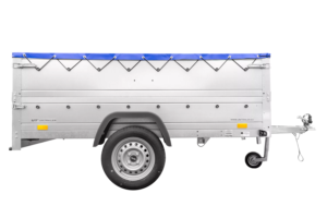 Anhänger mit faltbarer Deichsel Garden Trailer 230 KIPP mit zusätzlichen Bordwänden, Stützrad und blauer Flachplane-Neu – [LTG_SITE_NAME]