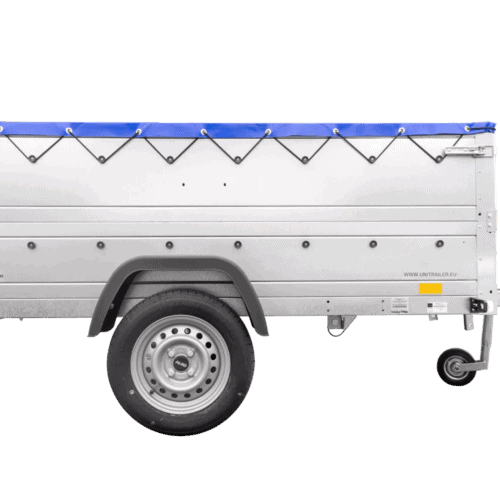 Anhänger mit faltbarer Deichsel Garden Trailer 230 KIPP mit zusätzlichen Bordwänden, Stützrad und blauer Flachplane-Neu – [LTG_SITE_NAME]