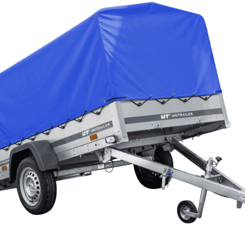 Auto Anhänger 230×125 Garden Trailer 230 KIPP Unitrailer 750 kg mit Stützrad, blauer Hochplane und Hochspriegel-Neu
