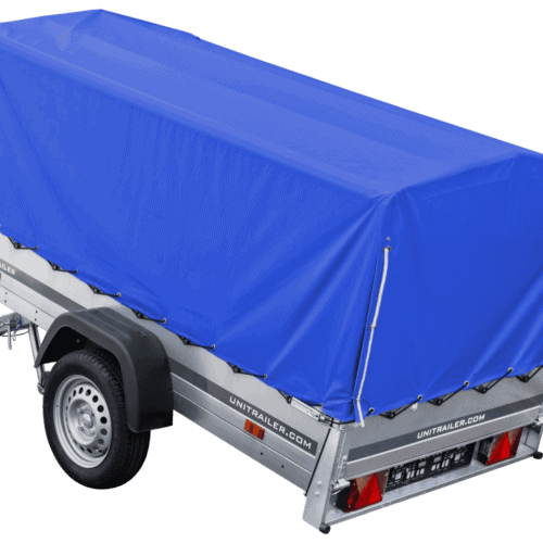 Auto Anhänger 230×125 Garden Trailer 230 KIPP Unitrailer 750 kg mit Stützrad, blauer Hochplane und Hochspriegel-Neu