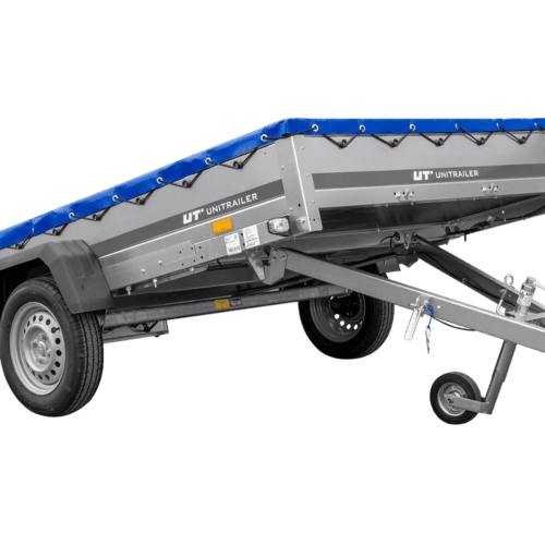 Einachsanhänger 264×150 UNITRAILER GARDEN 265 KIPP mit einem Flachplanenträger und blauer Plane-Neu