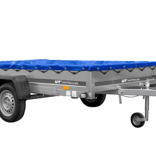 Einachsanhänger 264×150 UNITRAILER GARDEN 265 KIPP mit einem Flachplanenträger und blauer Plane-Neu