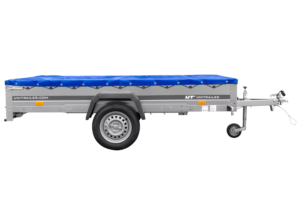 Einachsanhänger 264×150 UNITRAILER GARDEN 265 KIPP mit einem Flachplanenträger und blauer Plane-Neu