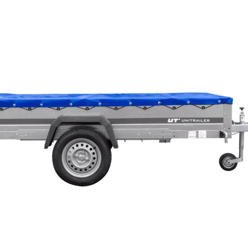 Einachsanhänger 264×150 UNITRAILER GARDEN 265 KIPP mit einem Flachplanenträger und blauer Plane-Neu