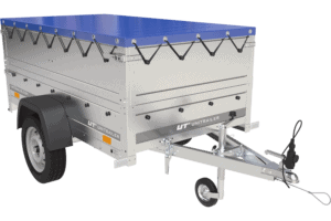 Gartenanhänger 200 Kipp mit Stützrad, zwei Seitenwänden, H-0-Rahmen und blauer Plane-Neu