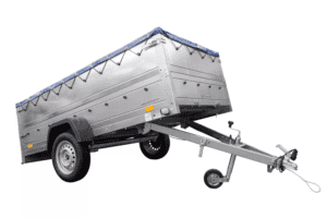 Großer Anhänger 750 kg Garden Trailer 264 KIPP mit Bordwandaufsatz , Stützrad und blauer Flachplane-Neu