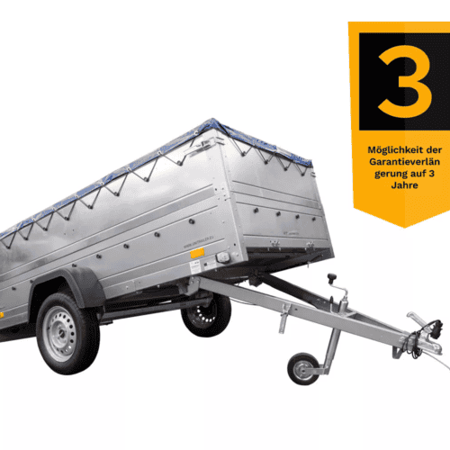 Großer Anhänger 750 kg Garden Trailer 264 KIPP mit Bordwandaufsatz , Stützrad und blauer Flachplane-Neu